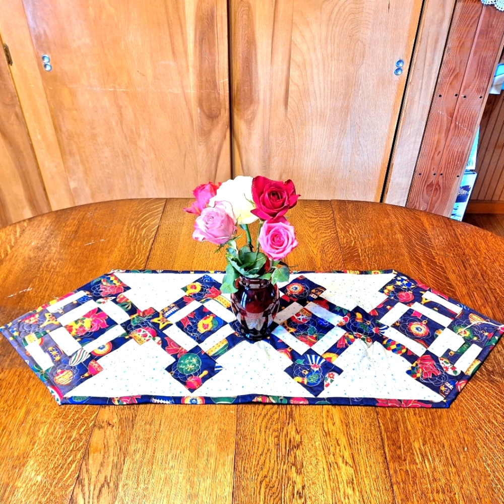 Handmade Festive "Blue Ornament" Table Runner, NWT